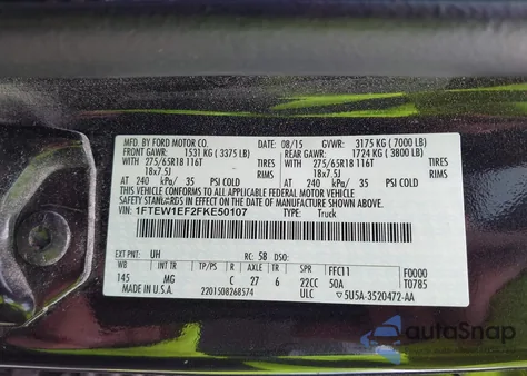 2015 Ford F150 Xlt из США, поврежденный, VIN 1FTEW1EF2FKE50107